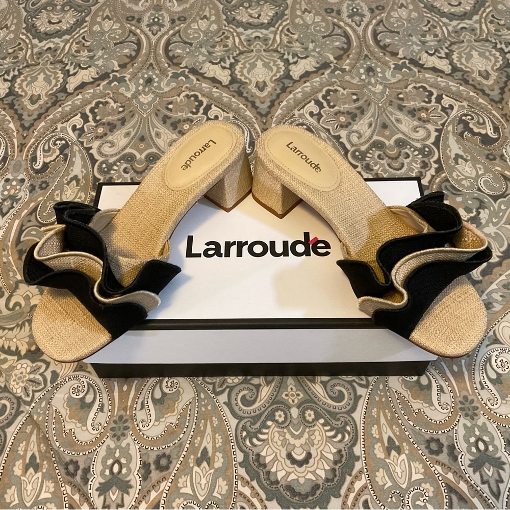 NWT Larroude Brigitte Ruffle Raffia Beige Black Sandals Women’s Sz 7.5 - Picture 11 of 14